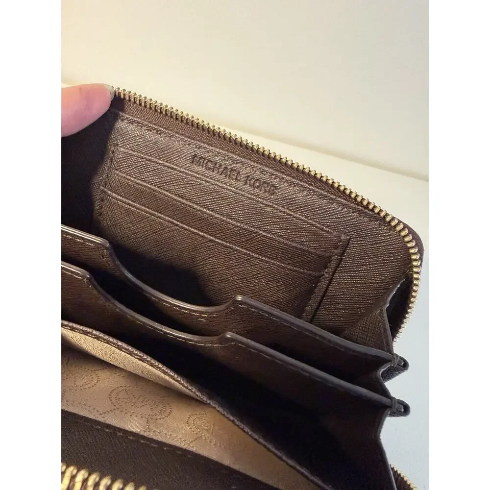 Michael Kors Saffiano Leather Studded Zip Around Wristlet Wallet Brown Gold